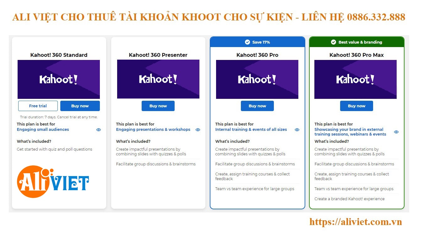 ALi Việt cung cấp Cho thuê tài khoản Kahoot cho sự kiện giá rẻ, max user